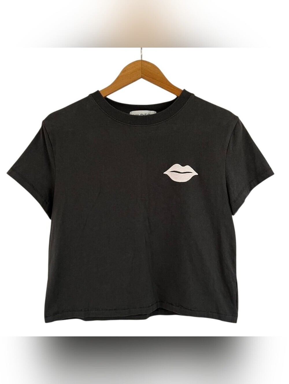 Wildfox Black Tee with Pink "Kiss Your Dog Today" Graphic Cropped Tshirt Sz S